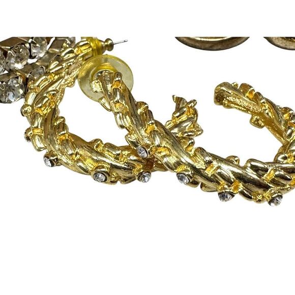 80s VTG Jewelry Lot 7 pr earrings 1 bracelet Gold Tone Rhinestones Hoops Hearts - Picture 7 of 10